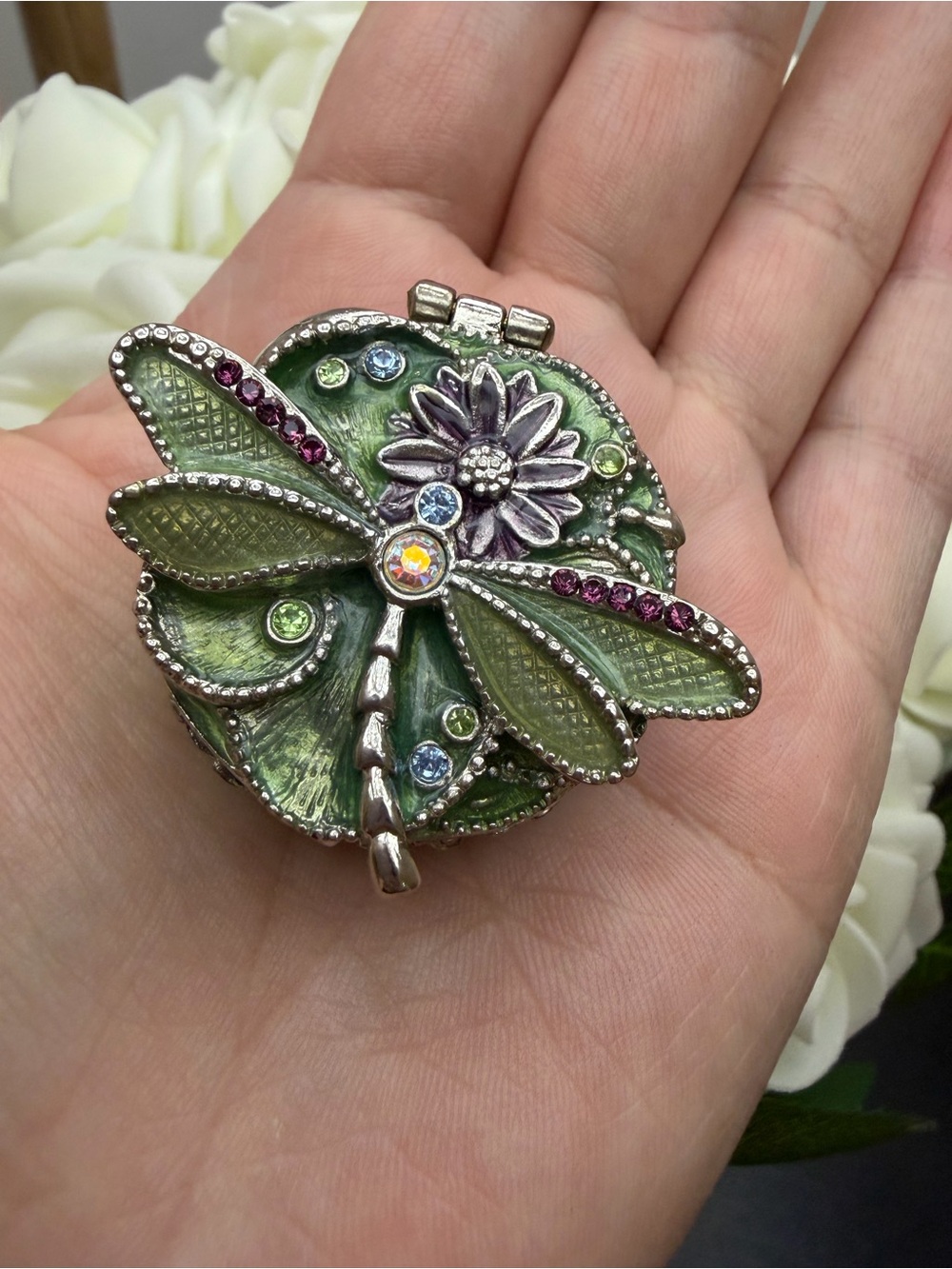 Monet Green Dragonfly Round Hinged Trinket Box Collectible